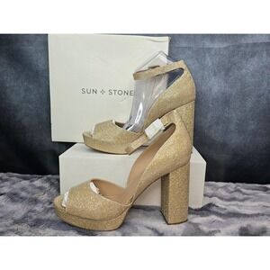 NWB Sun + Stone Reemaa Gold Glitter Platform Block Heel Sandals Womens 12‎
